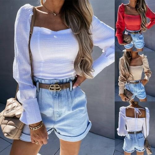 Women Clothing 2021 Square Collar Blouse Spring Autumn Solid Color Bandage Button Long Sleeve Bckless Shirts Woman Slim Thin Top