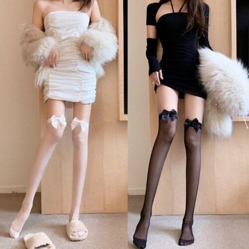 2021 Women Summer Sexy Sheer Silky Thigh High Stockings Sweet Bow Ruffle Lace See-Through Mesh Lolita Over Knee Long Socks