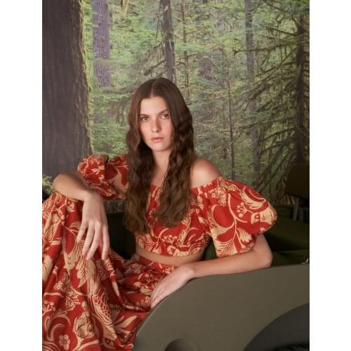 Tile Color Patterned Off Shoulder Crop Blouse and Long Patterned Skirt 100& Cotton Womens Sets Summer Bohemian Style