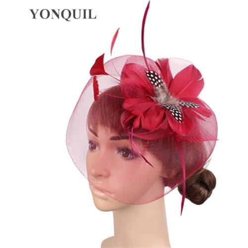 Nylon Marron Tulle Wedding Headwear Bride Mariage Fascinator Hat Accessories Feather Flower Women Wedding Headdress Party Dinner