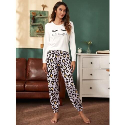 JULYS SONG INS Pajamas Set Leopard Letter Print Cotton 2 Pieces Women Casual Long Sleeve Trousers Spring Autumn Sleepwear