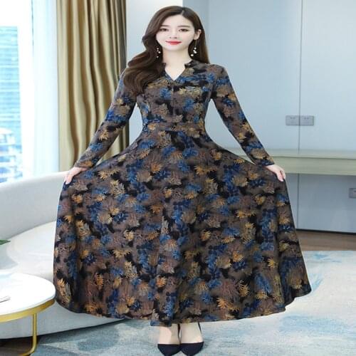 2021 Autumn Winter New Arrival Korean Long Sleeve V Collar Collect Waist Floral Women Long Dress S-4XL High Quality Clothes