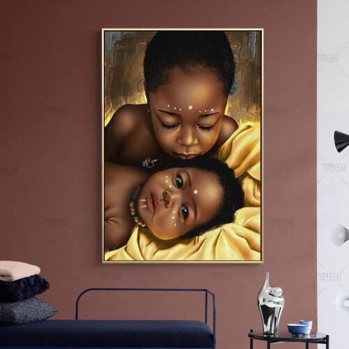 Golden African Children Oil Painting on Canvas Posters and Prints Scandinavian Wall Art Picture for Living Room Home Decoration