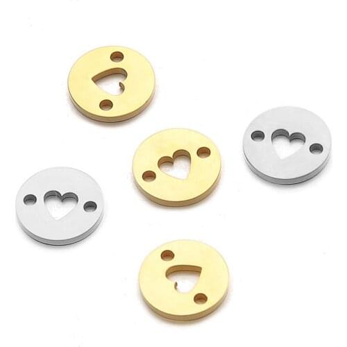 10pcs/Lot Real Stainless Steel Round with Hollow Heart Charms Connectors for DIY Making Necklace Bracelet Fashion Jewelry