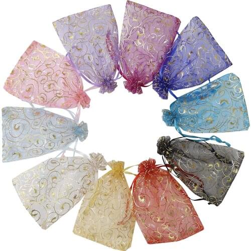 100pcs/lot Adjustable Drawstring Pouch Bags for Wedding Gifts Transparent Organza Jewelry Pouch Gold Heart Star Mesh Package