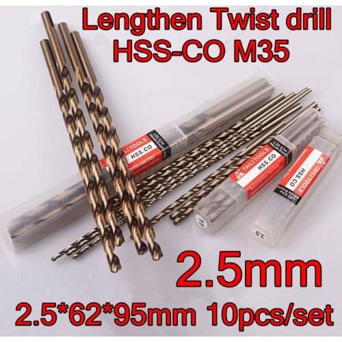 2.5*62*95mm 10pcs/set HSS CO5% M35 Containing cobalt longer twist drill Processing stainless steel and