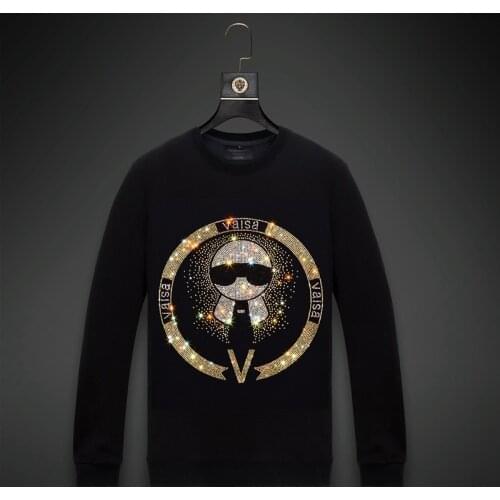 2021 Men Character Rhinestones Hoodie Sweatshirt Fashion Streetwear Full Pullover Hoodie Black O Neck Cotton Mens Autumn Clothes