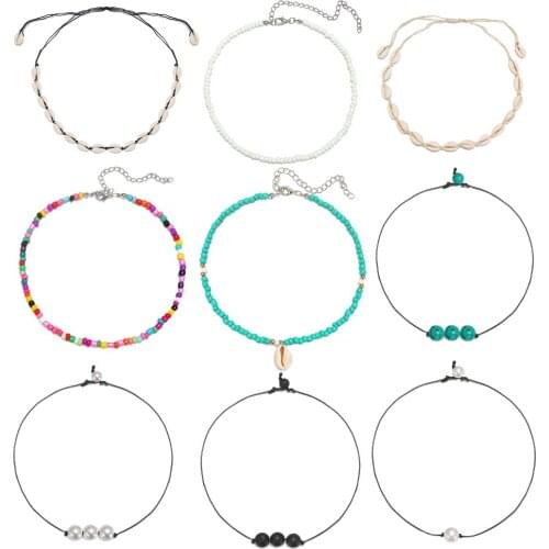 9 Pcs/Sets Charm Alloy Shell Adjustable Beads Necklace Vintage Bride Wedding Long Chain Choker Necklace Women