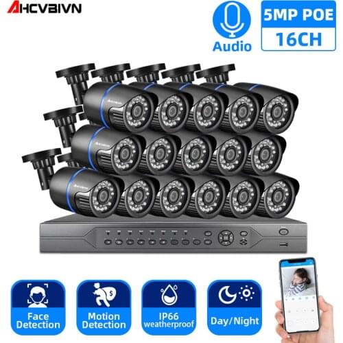 AHCVBIVN 4K 16CH 5MP H.265+ System Audio POE CCTV Security NVR Kit Outdoor Waterproof IP Camera 5MP Surveillance kit
