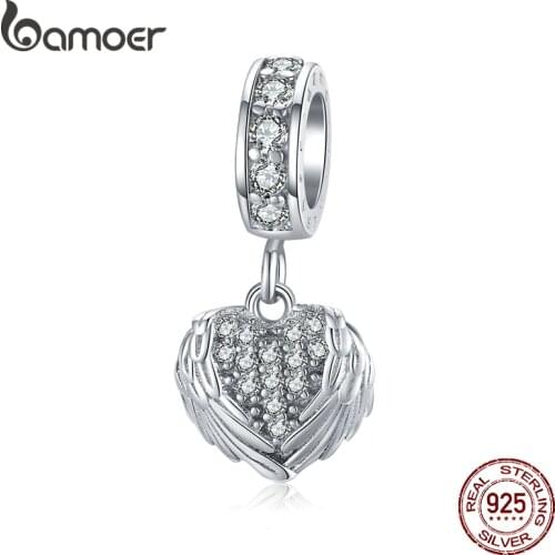 Bamoer Silver 925 Jewelry Dazzling CZ Heart with Wings Pendant Charm fit for Bracelet Bangle Guardian Fashion Accessories BSC138