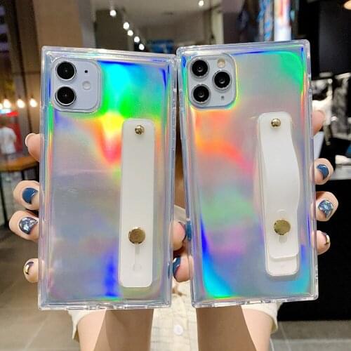 Glitter Laser Card Square Clear Phone Case for iPhone 11 12 Pro Max XS Max X XR 7 8 Plus Cute Wrist Strap Soft Tpu Cover