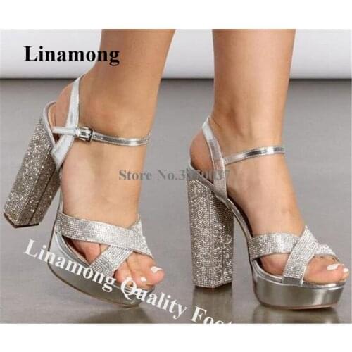 Linamong Bling Bling Rhinestone Chunky Heel High Platform Sandals Silver Black Crystal Thick High Heel Sandals Wedding Heels