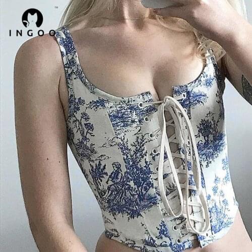 INGOO Vintage Lace Up Women Tank Tops 2021 Elegant Floral Print Sleeveless Bar Corset Top Slim Short Cropped Tops To Wear Out