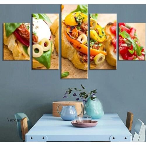 Vegetable and Fruit Pizza Canvas Painting Hd Print Delicious Food Poster 5 Piece Set Modular Mural Restaurant Home Wall Decor
