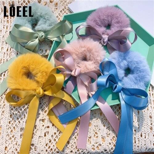 Solid Color Plush Elastic Hair Bands Adult Ribbon Bowknot Headbands Imitation Rabbit Fur Rubber Bands for Women Hair Accessories