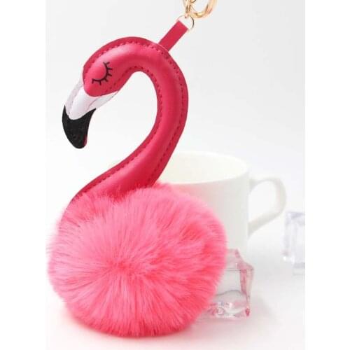 Fashion Cartoon Flamingo Angel Keychain Pompom Fluffy Plush Keychain Handbag Car Decor Key Buckle Key Ring Key Chains Jewelry