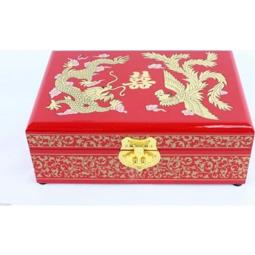 NEW Chinese Handmade Classic Wooden Lacquerware Dragon&Phoenix 2 Layer Jewelry Box