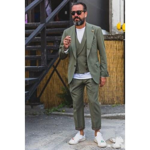 Latest Coat Pant Designs Olives Green Double Breasted Vest Men Summer Suits Casual 3 Pieces Tuxedos 2020 New(Jacket+Vest+Pants)
