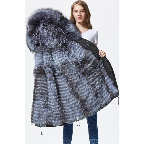 New silver fox fur parka coat women knitted silver fox fur lined parkas black winter thick real fur coat warm female outerwear