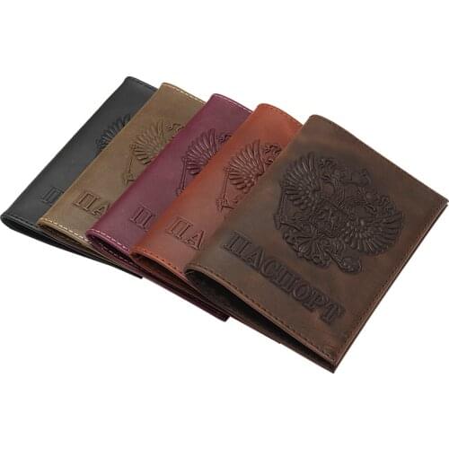 Vintage Natural Crazy Horse Leather Russian Emblem logo Passport Cover Men Genuine Leather Passport Case Drop Ship