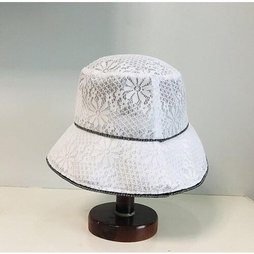 Womens Summer Hat Crystal Decoration Lace Wide Brim Flat Top Bucket hat Sun Protection Cap Female Beach Hat Foldable Sun Hats