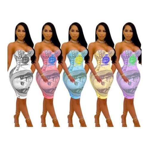Casual US Dollar Print Strapless Off Shoulder Party Club Mini Dress Women Summer 2021 Sexy Backless High Street Dresses Vestidos