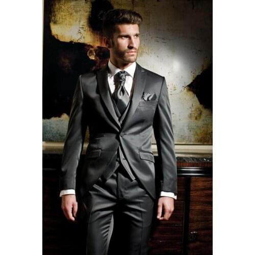 New Arrival Groom Tuxedo Shiny Grey Groomsmen Peak Lapel Wedding/Dinner Suits Best Man Bridegroom (Jacket+Pants+Tie+Vest)B326