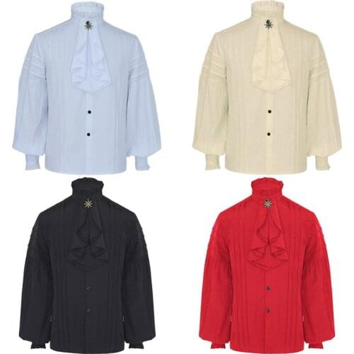 Medieval Men Tunic Viking Pirate Costume Gothic Shirts Grooms Vintage Top Ruffle Sleeve Neckline Drawstring Knight Cosplay Fancy