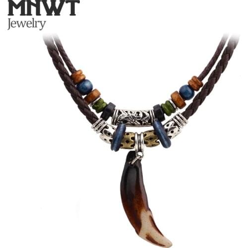MNWT Vintage Tribal Wolf Tooth Pendant Necklace Leather Brave Men Necklace Rope Tibetan Beads Neckles Bohemian Jewelry