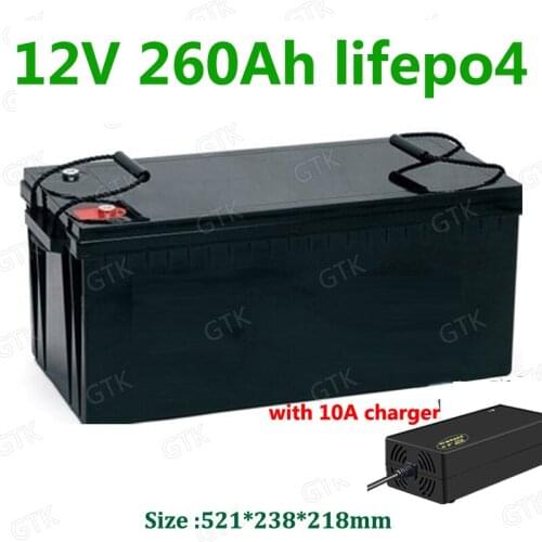 GTK Waterproof Lifepo4 12V 260AH lithium battery 100A BMS 4S 12.8V for caravan inverter UPS convertor solar EV +10A Charger