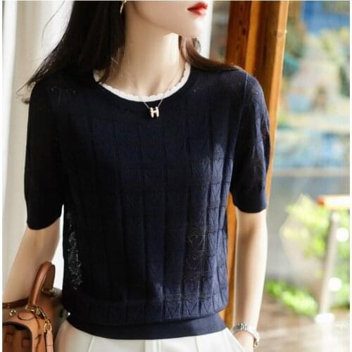 Vetement Femme 2021 Summer Fashion Hollow Lace Collar Short Knitted White Tops for Women Embroidery Vintage Solid Female 0923