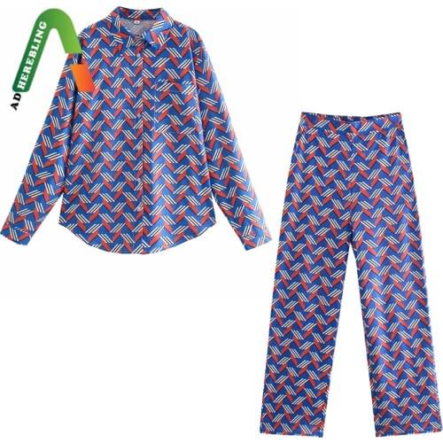 Adherebling Za Woman 2021 Casual Traf Outfits Female Blouses Summer Geo Print Kimono Shirt + Loose Long Pants Suits 2 Pie Sets