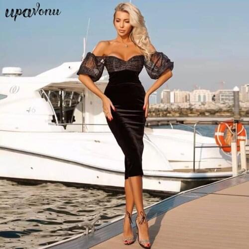 Free Shipping 2021 New Womens Velvet Dress Sexy Card Shoulder Lantern Short Sleeve Bodycon Midi Dress Club Party Shiny Vestidos