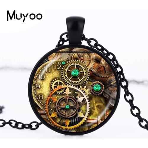 Vintage Compass Necklace Gear Clock Pendant Watch Photo Jewelry Glass Cabochon Round Bronze Chain Nautical Necklace HZ1