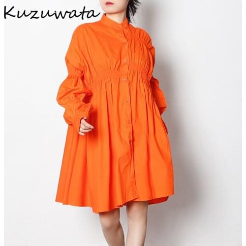 New Spring 2021 Pleated Design Shirt Dress Fashion Stand Collar Latern Sleeve Vestidos Solid Irregular Women Dresses