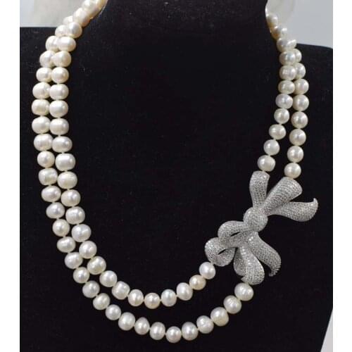 2rows freshwater pearl white near round 8-9mm necklace 17-18inch FPPJ wholesale beads nature