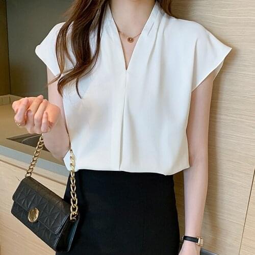 Blouses Women Chiffon Short Sleeve V-neck Solid Color Top 2021 Summer Fashion Woman Tshirts