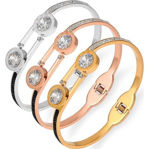 Gold Color Bangles Bracelets Couple Jewelry Stainless Steel Simple Metal Circle Roman Numerals Crystal Bangles for Women Lover