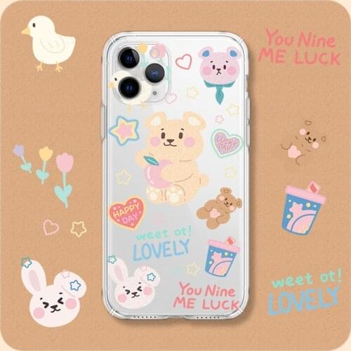 Retro smile luck bear rabbit Cute Korean Phone Case For iPhone 11 12 Pro Max XR Xs Max 7 8 Plus Case soft Transparent Back Cover