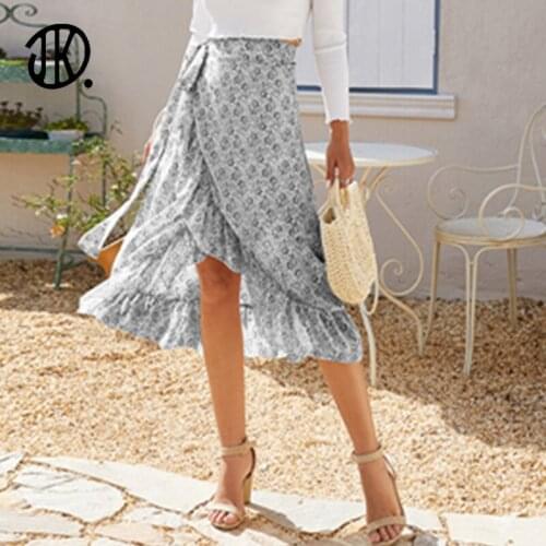Elegant Lady Floral Print Skirt 2021 Summer Lace Split Skirts Irregular Hem Chiffon Dress Female New Arrivals Flower Midi Skirts