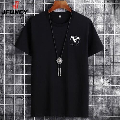 JFUNCY Plus Size Men Summer Loose Tops O-Neck Short Sleeve Cotton Breathable Man Tshirt Eagle Letter Print Mens Casual T-shirts