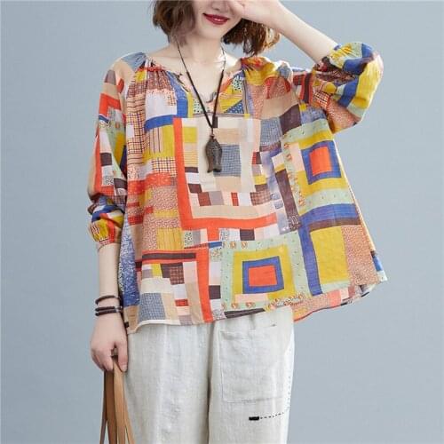 Long Sleeve Loose Spring Summer T Shirts Soft Thin Cotton Linen Print Fashion Women Casual T Shirt Oversized Tops Tees Shirts