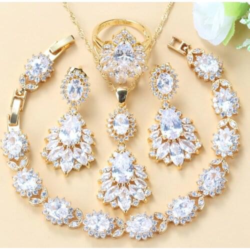 Perfect Women Bridal Big Jewelry Gold Colors Austrian Crystal Long Stud Earrings Bracelet And Ring 6-Colors Four-Piece Suit