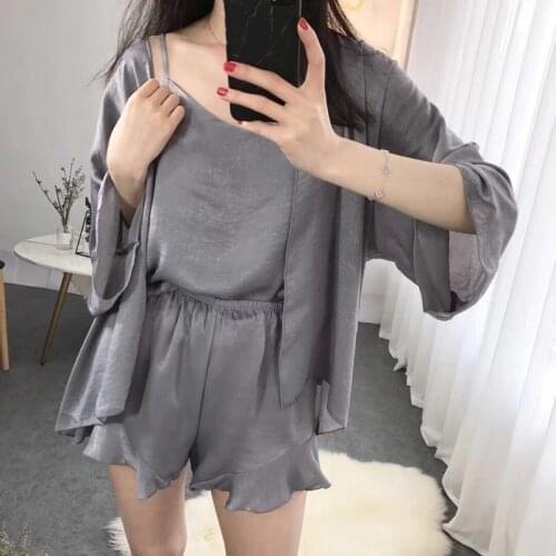 Summer Thin Pajamas Womens Satin Silk Four-piece Set-Korean-style Casual Solid Color Fresh Students Home Wear