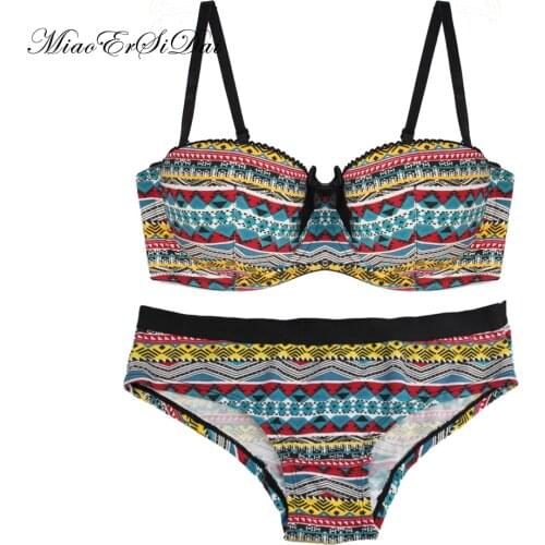 MiaoErSiDai Women strapless push up bra set Print graphics 32A/32B/34B/34C/36D