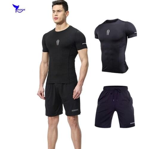 Mens Short Sleeve Shirt+Shorts 2PCS Jogging Tracksuit Quick Dry Breathable Fitness Running Set Gym Sportswear Sport Suit Clothes