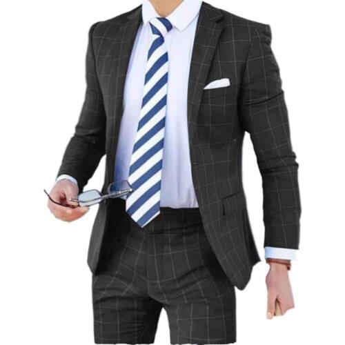 2 Piece Men Suits With Pant Designs Black Suit Autumn Winter Thick Slim Fit Plaid Wedding Dress Tuxedos Mens Suit (Blazer+Pants)
