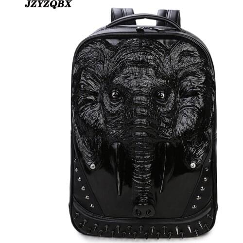3D Stereoscopic Elephant Head Backpack Mens Personality Rivets mochila Black Waterproof PU Leather mochilas