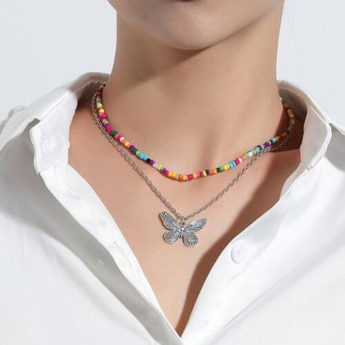 2pcs Beaded Necklaces for Women Bead Necklace Simple Butterfly Necklace Clavicle Choker Jewelry Accessories Chain