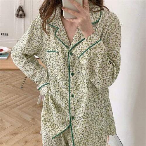 Spring Autumn Fashion Women Long Sleeved Chic Pure Cotton Pajamas Set Fashion Floral Print Home Set Pjs Pyjamas Loose Female Pjs